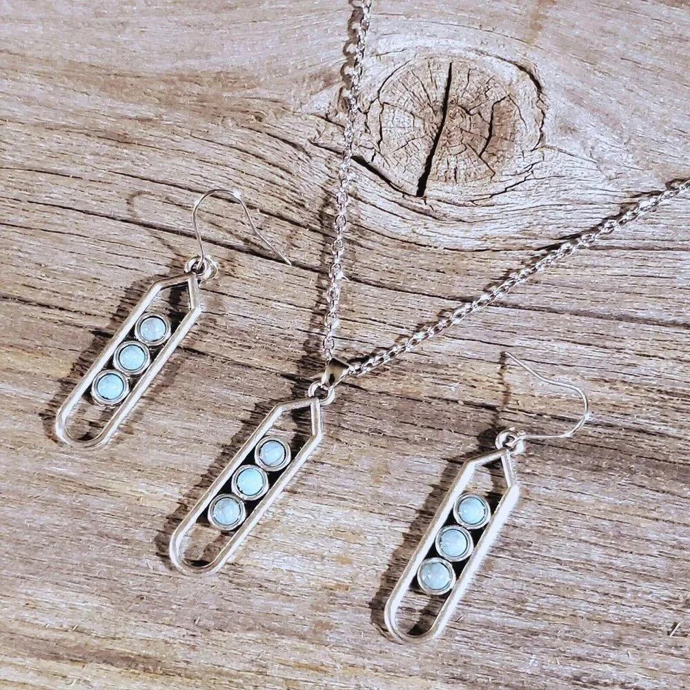 Modernist Geometric Turquoise Blue Stone Silver Necklace Earrings Jewelry Set